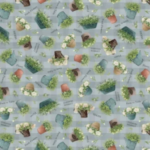 Farm View Tossed Potted Plants Soft Blue FVIE 5572 SB By P&B Textiles