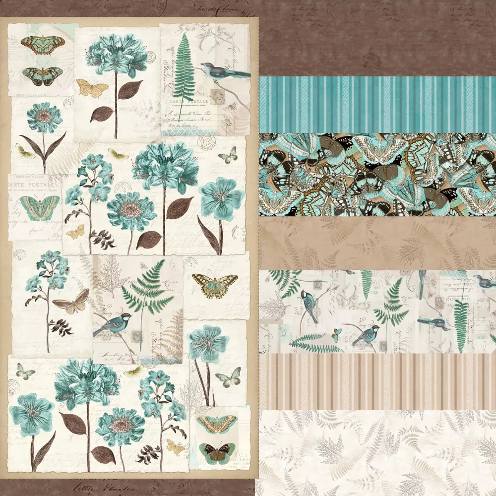 En Bleu Panel and 7 1- Yard Cuts Bundle By Clothworks- Full View