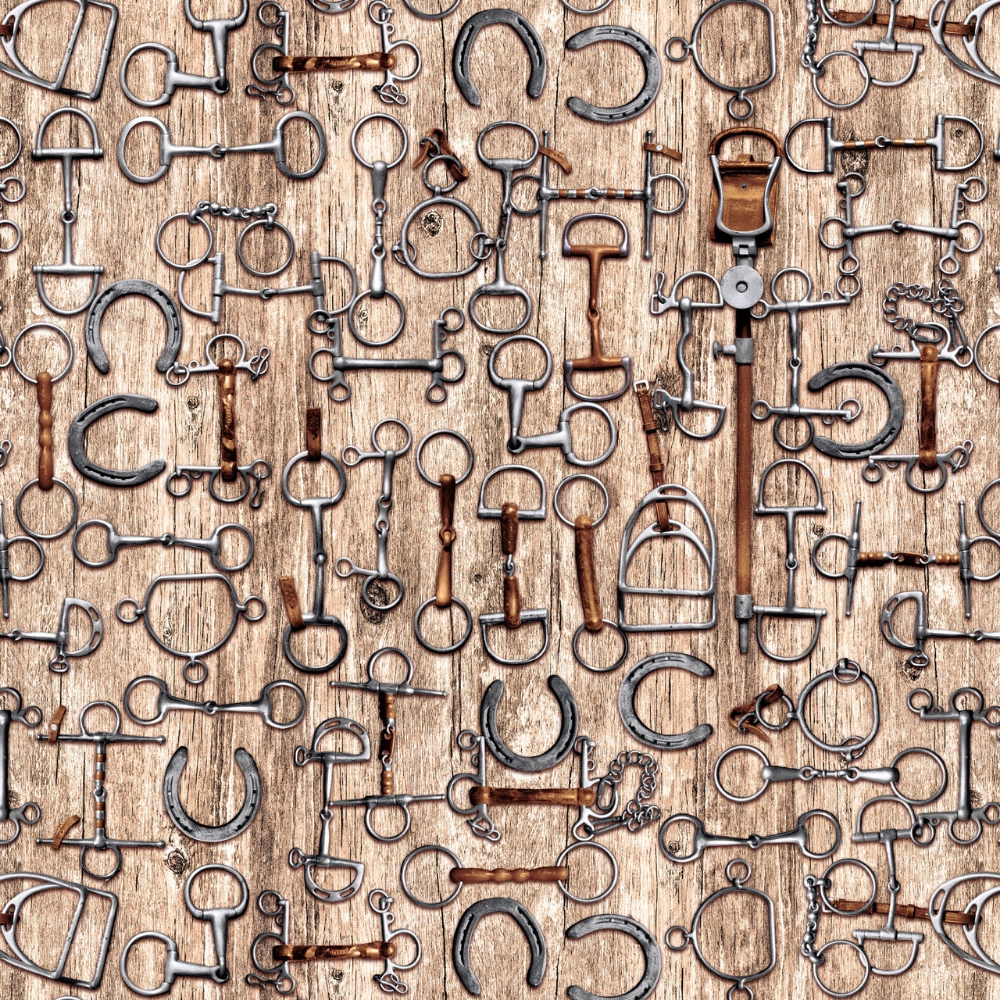 Spurs & Spirit Stirrups, Bits, and Horseshoes Tan 4529-30 By Blank Quilting